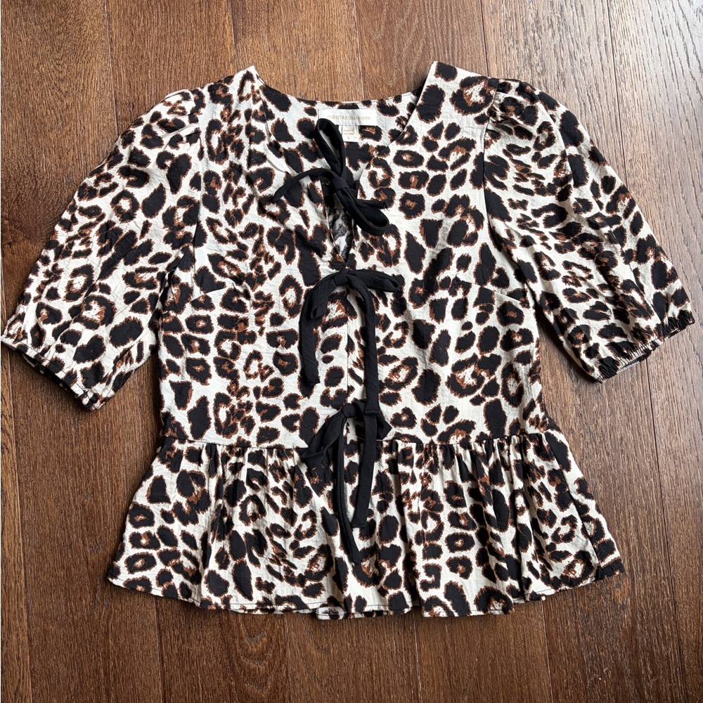 Monteau Leopard Print Puff Sleeve Peplum Top in Black, Brown, Cream